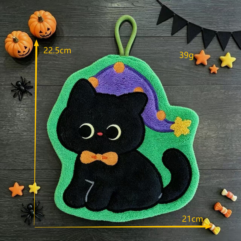 Nightcap Black Cat Hand Towel — Halloween Coral Fleece Hanging Kitchen Towel