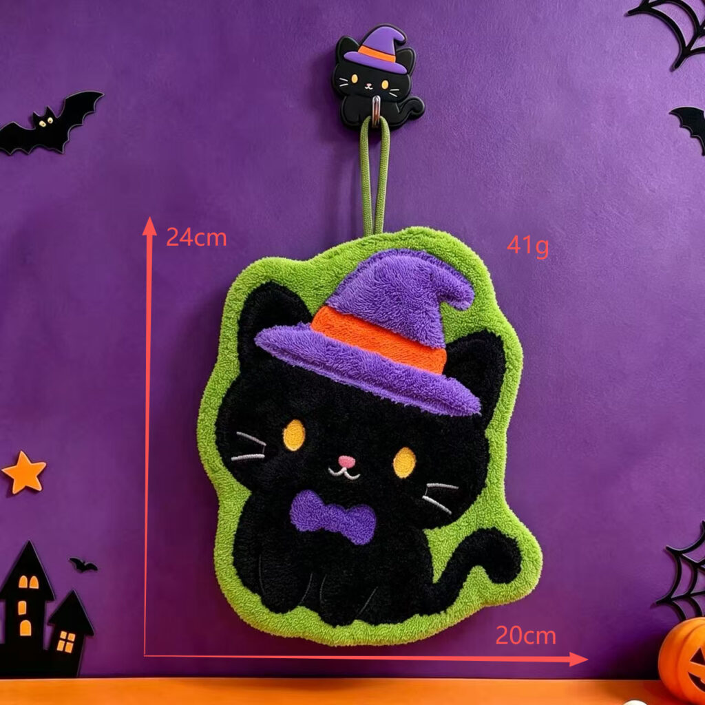 Witch Hat Black Cat Hand Towel — Halloween Coral Fleece Hanging Kitchen Towel