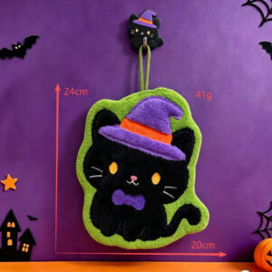 Witch Hat Black Cat Hand Towel — Halloween Coral Fleece Hanging Kitchen Towel